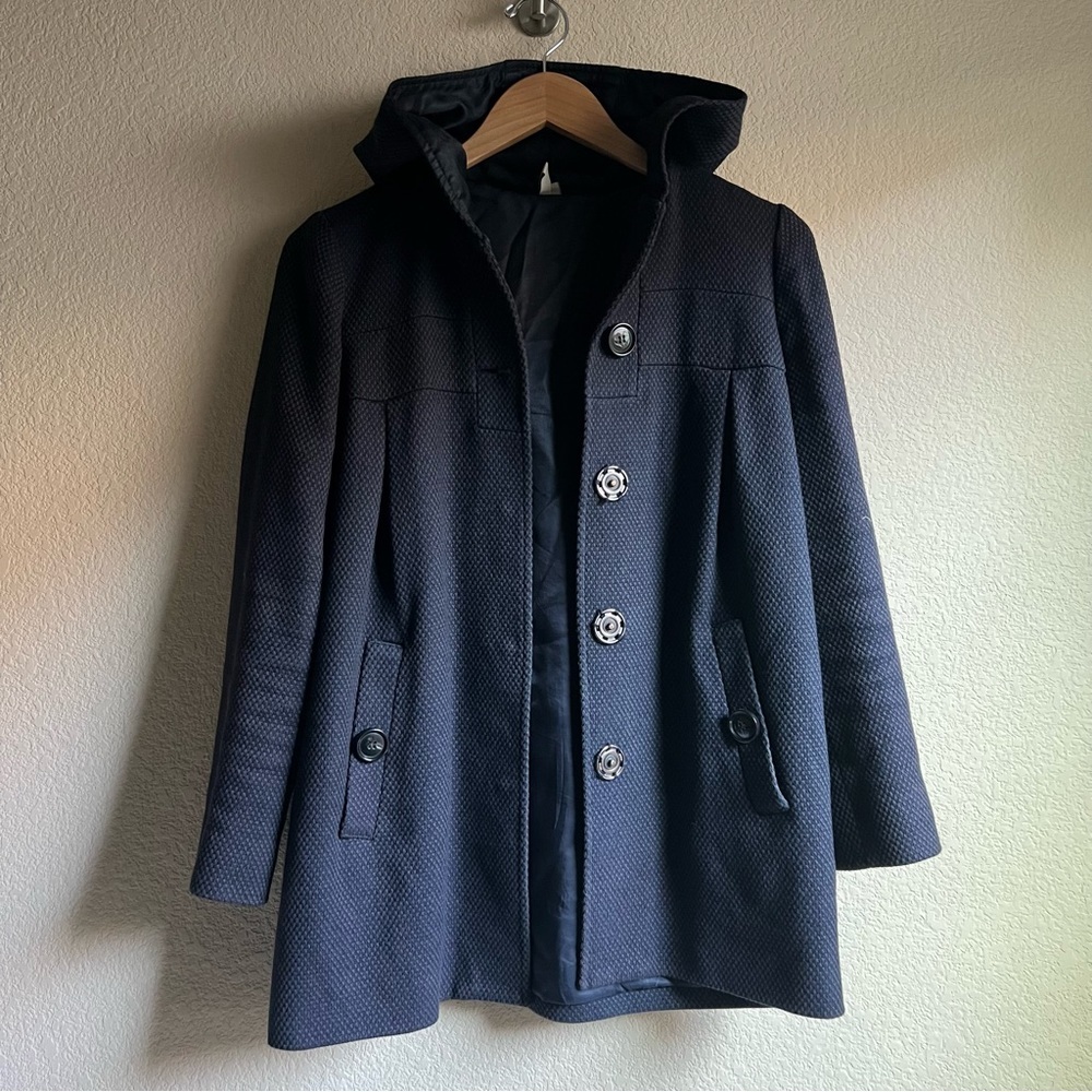 Iro Hiver Short Hooded Navy Blue Wool Blend Tweed Peacoat, size XS